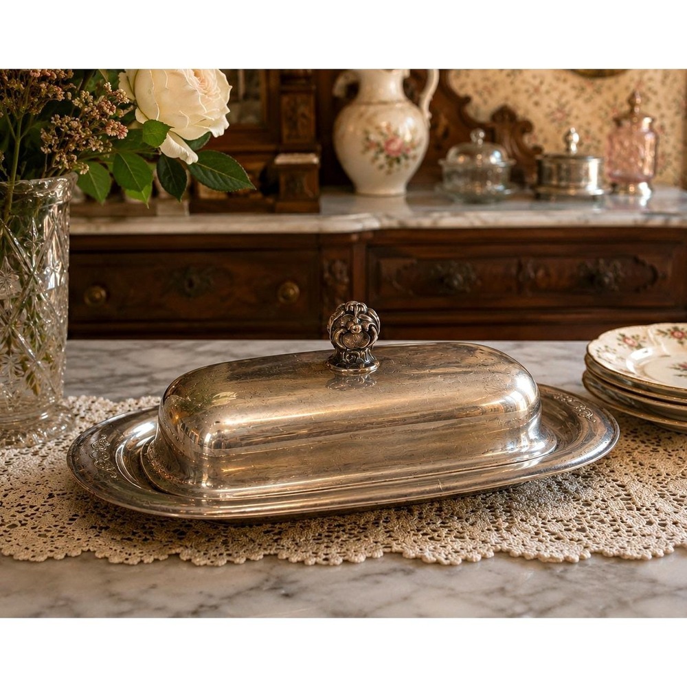 Vintage Rogers Exquisite 4687 Silverplate covered Butter Dish Ornate Floral
